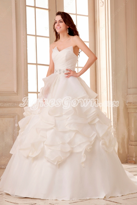 Classical V-neckline Ball Gown White Organza Brdial Dress With Ruffles 