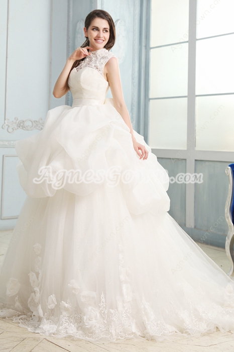 Vintage High Collar Lace Bridal Ball Gown Keyhole Back 