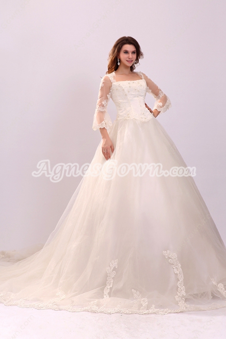 3/4 Sleeves Square Neckline Puffy White Tulle Plus Size Winter Wedding Dress