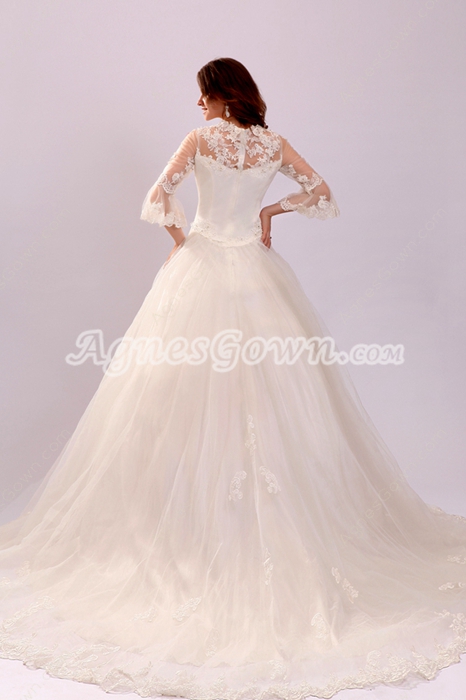 3/4 Sleeves Square Neckline Puffy White Tulle Plus Size Winter Wedding Dress