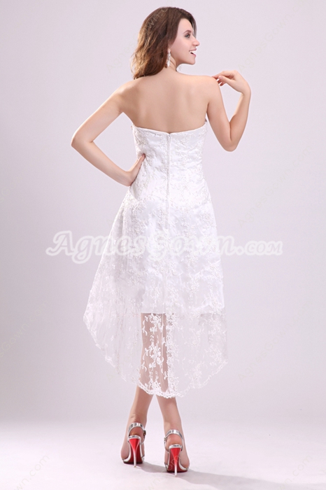 Cute Strapless Neckline Lace Material High Low Beach Wedding Dress  