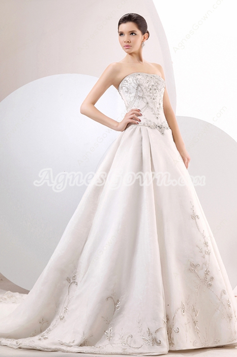 Luxurious Strapless Neckline A-line  White Wedding Dress With Silver Embroidery
