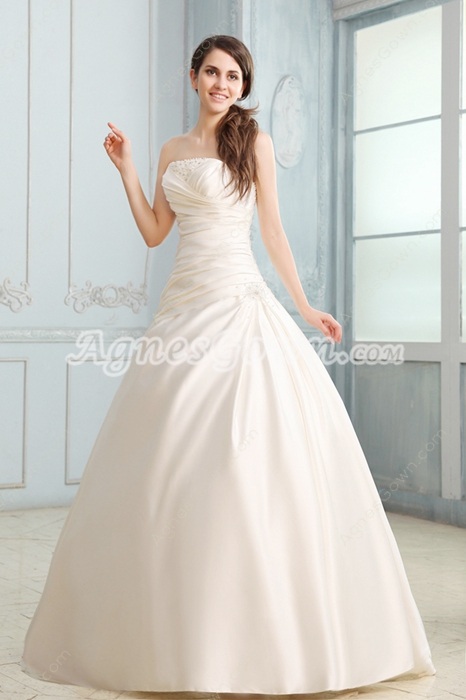 Exclusive Strapless Ball Gown Satin Wedding Dress With Pleated Bodice 