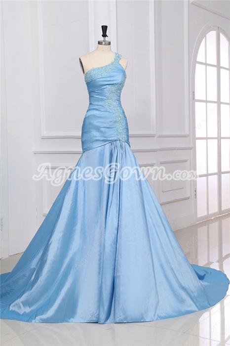Noble One Shoulder Sheath Full Length Light Sky Blue Quinceanera Dress 