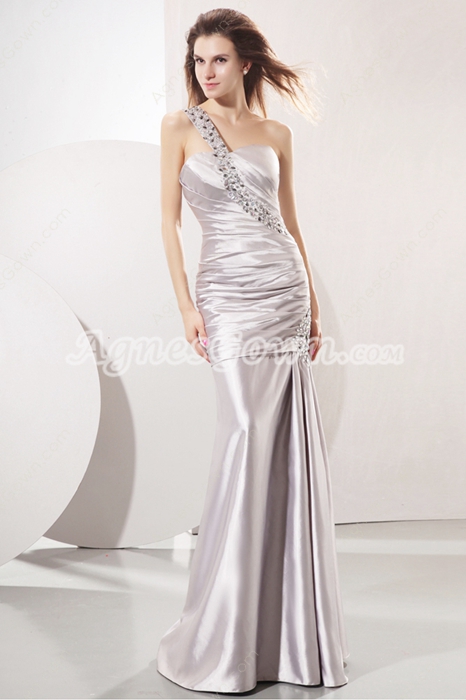 One Shoulder Sheath Full Length Silver Satin Prom Dress 