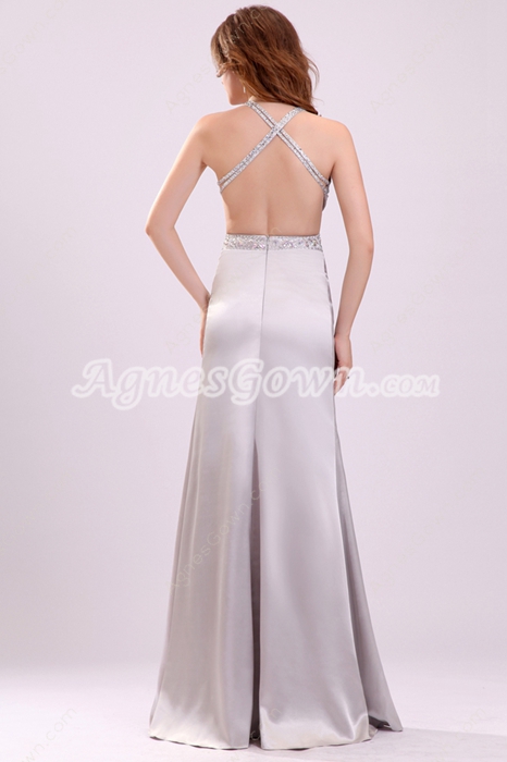 Sexy Crossed Straps A-line Full Length Silver Celebrity Dress Open Back 