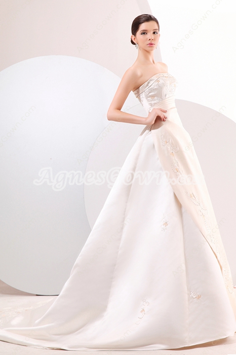 Glamourous Strapless A-line Satin White & Champagne Embroidery Wedding Dress 