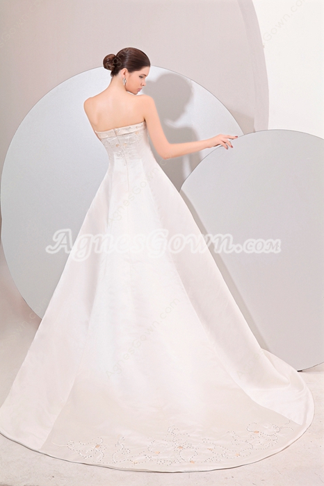 Glamourous Strapless A-line Satin White & Champagne Embroidery Wedding Dress 