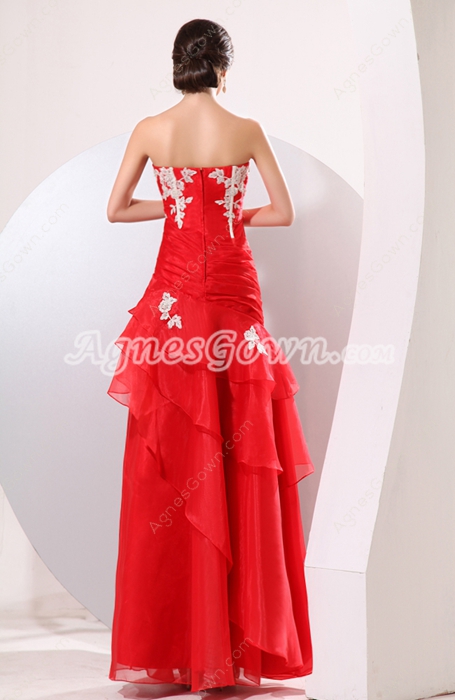 Affordable Strapless A-line Red & White Organza Military Ball Dress 