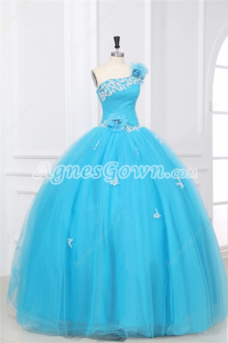 Cute One Shoulder Ball Gown Blue Tulle Sweet 15 Dress With Appliques 