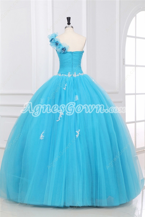 Cute One Shoulder Ball Gown Blue Tulle Sweet 15 Dress With Appliques 