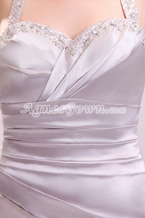 Exclusive Halter A-line Full Length Silver Satin Prom Gown 