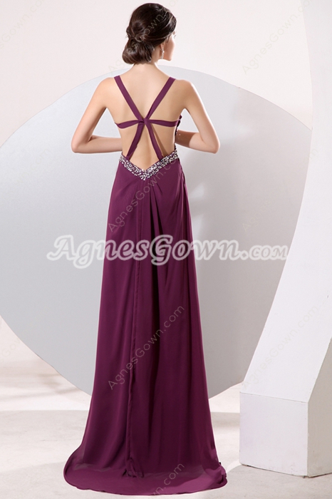 Glamour Double Straps Grape Chiffon High Slit Cocktail Dress 