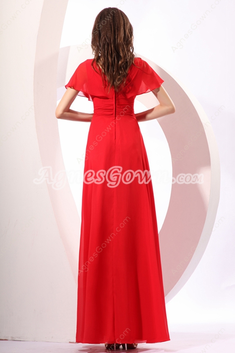 Short Sleeves Ankle Length Red Chiffon Prom Party Dress For Graduation 