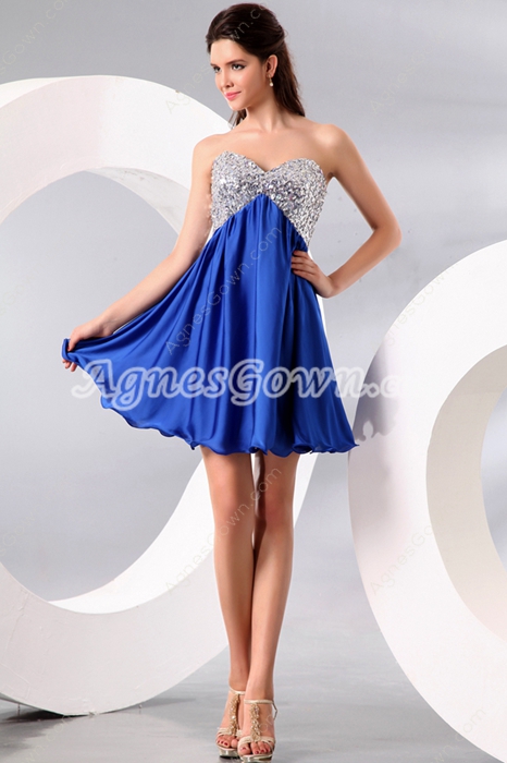 Cute Sweetheart Empire Mini Length Royal Blue & Silver Homecoming Dress 