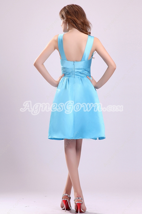 Jewel Neckline Mini Length Blue Satin Graduation Dress 
