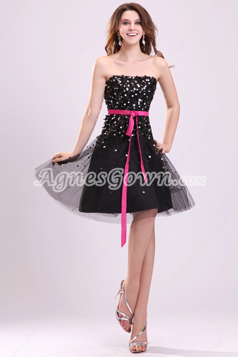 Strapless A-line Mini Length Black Sequined Homecoming Dress With Fuchsia Sash 