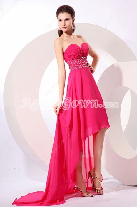 Stunning Sweetheart Hot Pink Chiffon High Low Prom Dress 