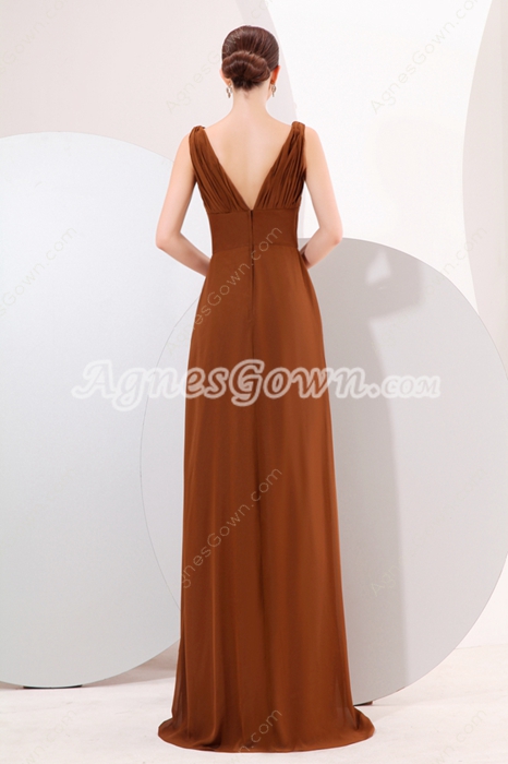 Stunning V-Neckline Column Full Length Brown Chiffon Prom Party Dress 