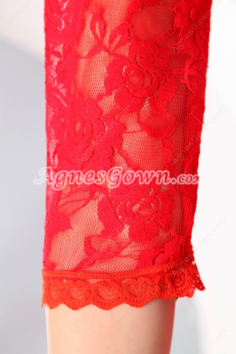 3/4 Sleeves Jewel Neckline Mini Length Red Lace Homecoming Dress 