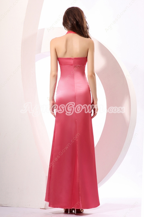 Affordable Ankle Length Halter Watermelon Colored Bridesmaid Dress 