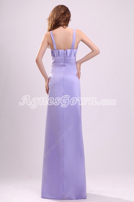 Affordable Double Straps Column Floor Length Lavender Satin Bridesmaid Dress 