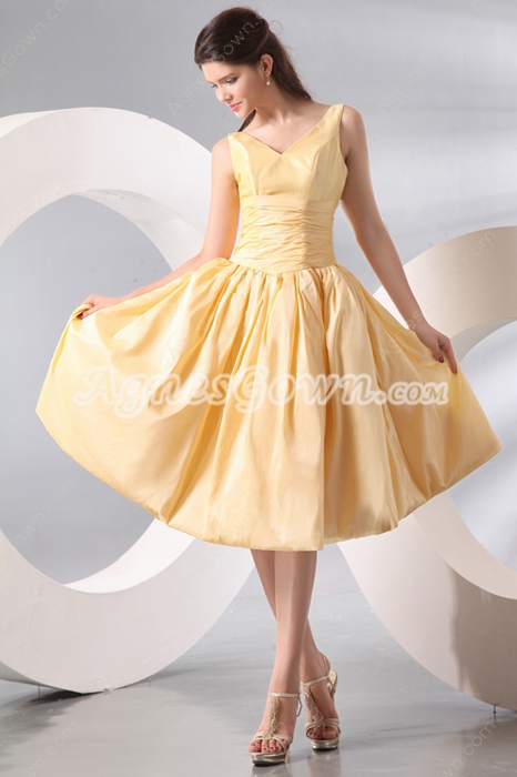 Simple V-neckline Knee Length Yellow Wedding Guest Dress 