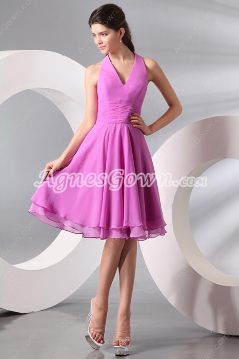 Stunning Plunge Top Halter A-line Knee Length Lilac Wedding Guest Dress 
