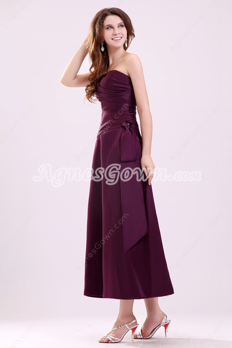 Modest Strapless Tea Length Grape Colored Satin Wedding Guest Dress 