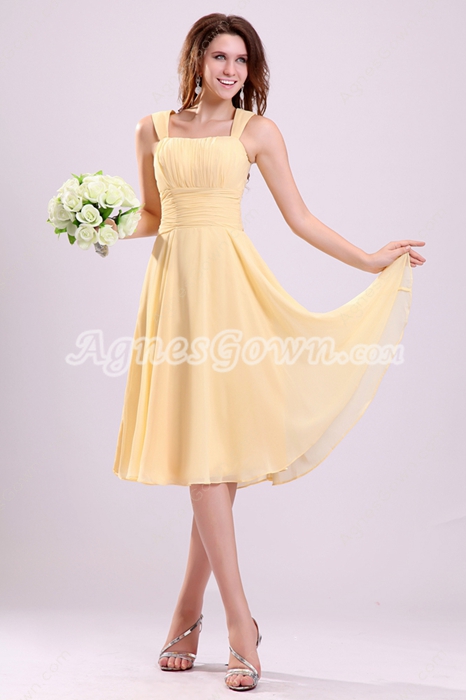 Affordable Double Straps Knee Length Yellow Chiffon Junior Bridesmaid Dress 