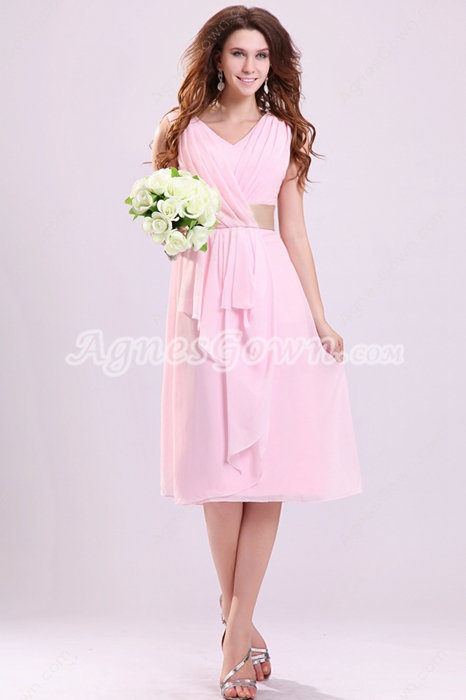 Beautiful V-Neckline A-line Tea Length Pink Junior Bridesmaid Dress 