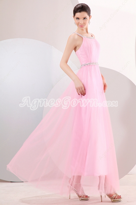 Cute Straps Column Pink Tulle Junior Prom Party Dress 
