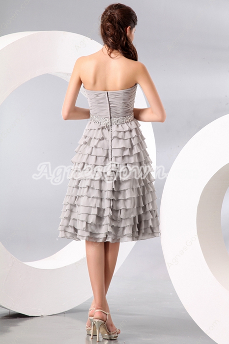 Sophisticated Sweetheart Neckline Puffy Tea Length Silver Gray Junior Prom Dress With Ruffles 