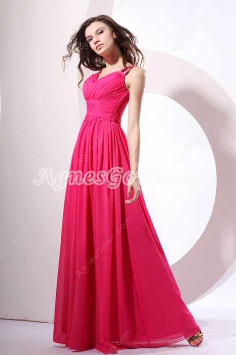 Pretty V-neckline Full Length Hot Pink Bridesmaid Dress