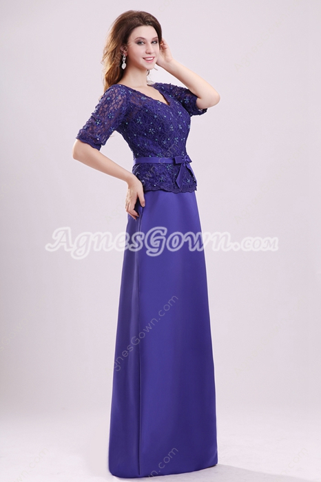 Beautiful V-Neckline Half Sleeves Royal Blue Mother Of The Bride Dress With Lace 