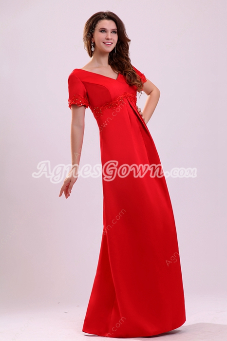 Modest Short Sleeves V-Neckline Column Long Red Mother Dress 