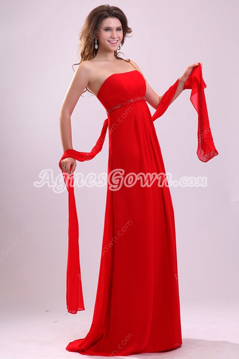 Fitted Strapless Empire Floor Length Red Chiffon Maternity Evening Dress
