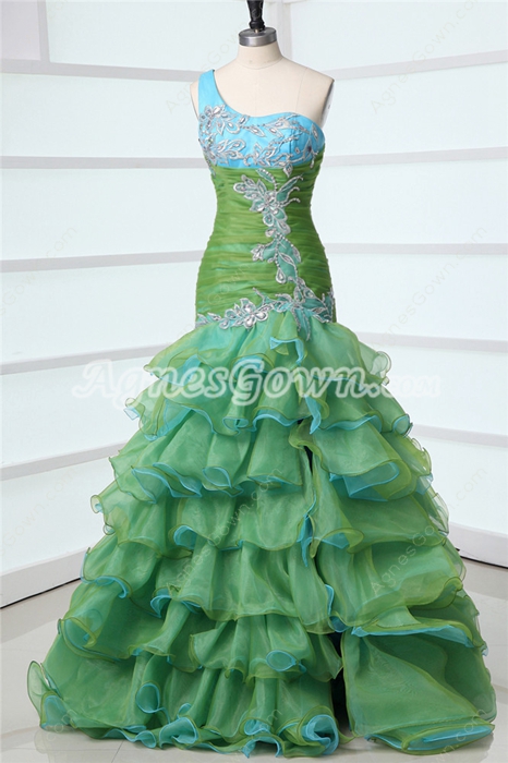 Multi-Colored One Shoulder Trumpet Green & Blue Sweet Sixteen Dress 