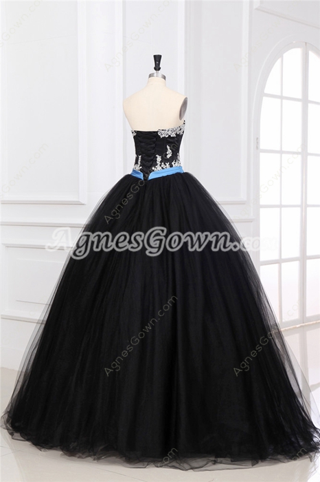 Retro Shallow Sweetheart Ball Gown Black Tulle Sweet Fifteen Dress 