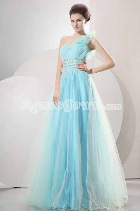 Pretty One Shoulder Puffy Full Length Sky Blue Princess Quinceanera Dress 