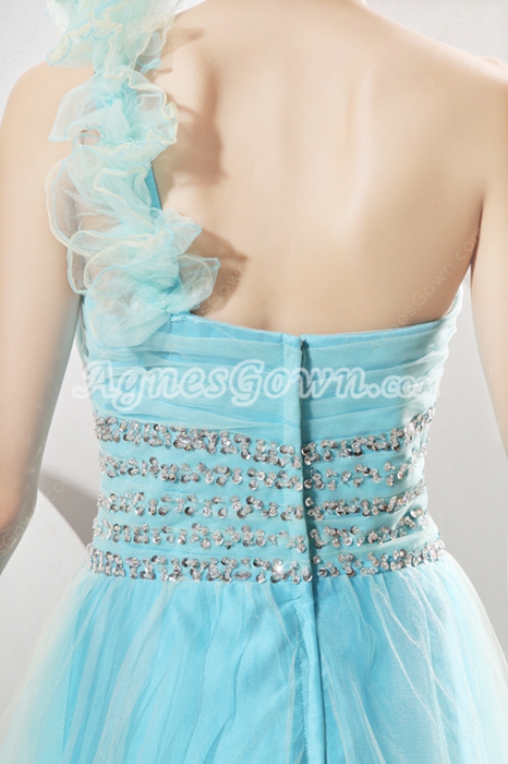 Pretty One Shoulder Puffy Full Length Sky Blue Princess Quinceanera Dress 