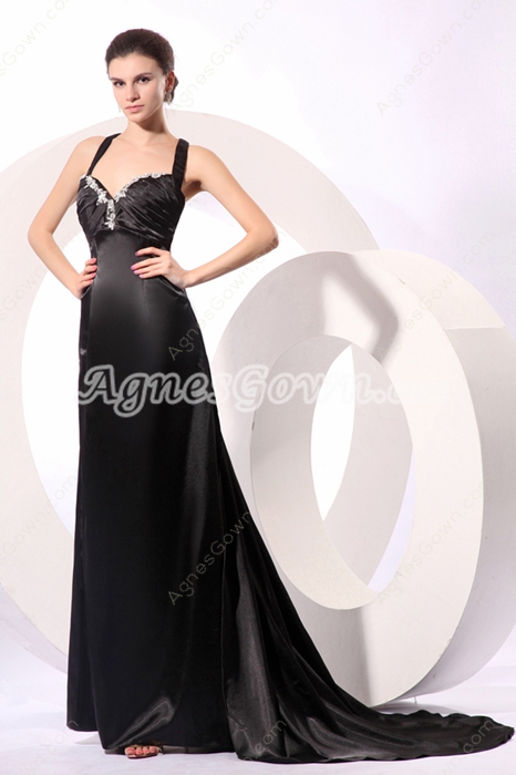 Sexy Crossed Straps Back Black Satin Prom Pageant Dress 
