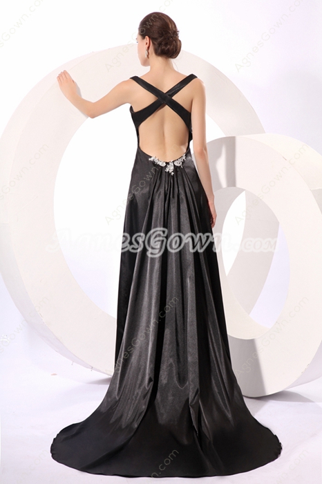 Sexy Crossed Straps Back Black Satin Prom Pageant Dress 