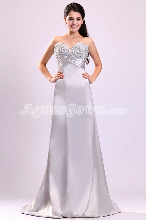 Sweetheart A-line Long Length Silver Pageant Prom Dress With Rhinestones 