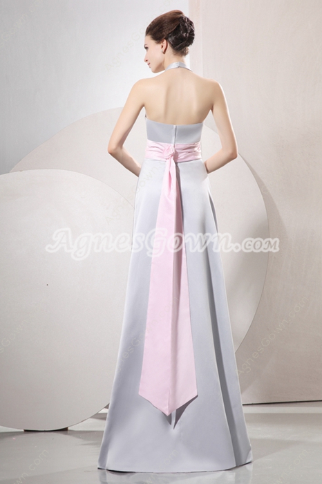 Modest Halter A-line Silver Gray Prom Dress With Pink Sash 