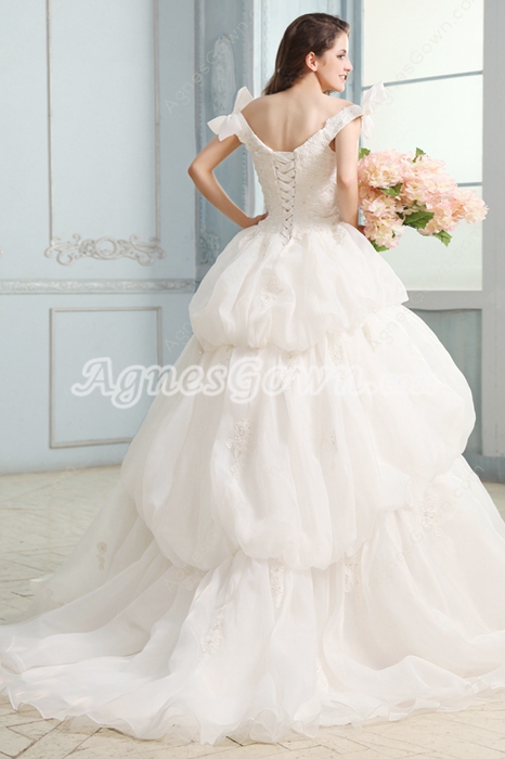 Inexpensive Off The Shoulder Organza Princess Wedding Dress With Lace 