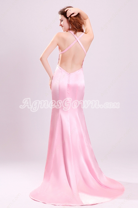 Sexy Straps A-Line Floor Length Pink Evening Dress Backless 