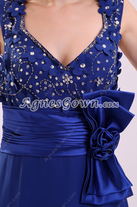 Attractive Plunge Neckline Long Length Royal Blue Mother Of The Bride Dress 