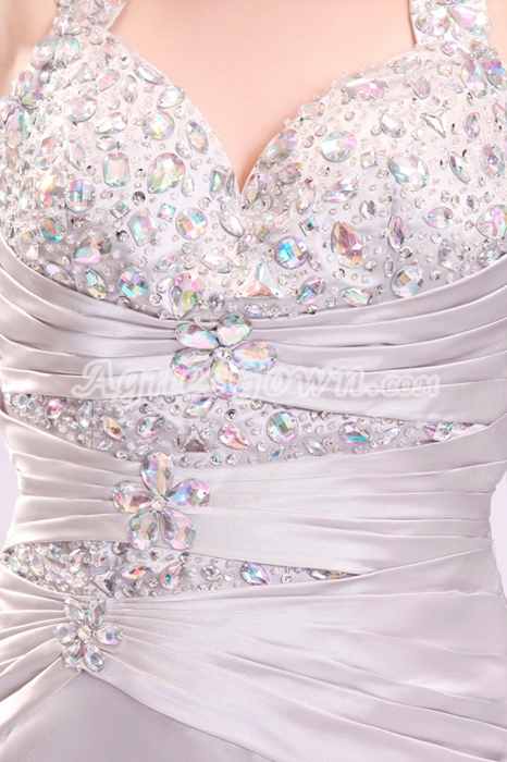 Trendy Crossed Straps A-line Floor Length Silver Wedding Gown Side Slit 