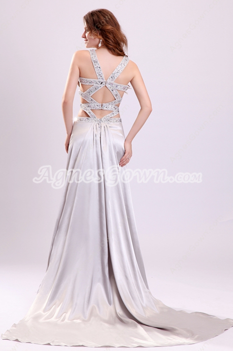 Exquisite Double Straps A-line Floor Length Silver Wedding Dress Crossed Straps Back